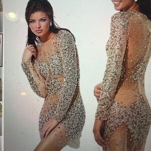 Jovani Nude Crystal-Embellished Long Sleeve Mini Dress